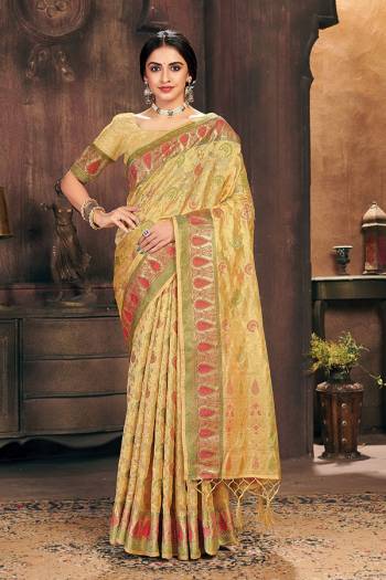 Attrective This Partywear Saree Paired With Blouse.This Saree And Blouse Are Organza Based Fabric With Wevon Designer Work. Buy This Pretty Saree Now.
