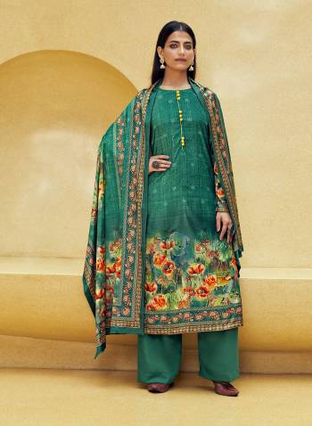 Fine Looking This Designer Long Length Plazzo Suit In Lovely Color.Its Pretty Designer Digital Printed With Gold Tar Work Top Is Velvet Based Paired With Pashmina Bottom And Velvet Fabricated Dupatta Which Gives An Attractive To The Suit.