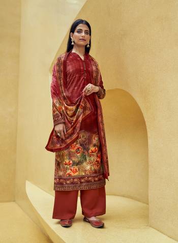 Fine Looking This Designer Long Length Plazzo Suit In Lovely Color.Its Pretty Designer Digital Printed With Gold Tar Work Top Is Velvet Based Paired With Pashmina Bottom And Velvet Fabricated Dupatta Which Gives An Attractive To The Suit.