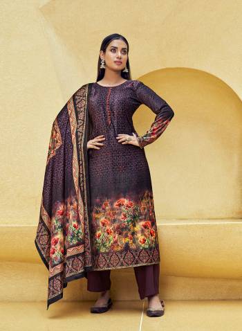 Fine Looking This Designer Long Length Plazzo Suit In Lovely Color.Its Pretty Designer Digital Printed With Gold Tar Work Top Is Velvet Based Paired With Pashmina Bottom And Velvet Fabricated Dupatta Which Gives An Attractive To The Suit.