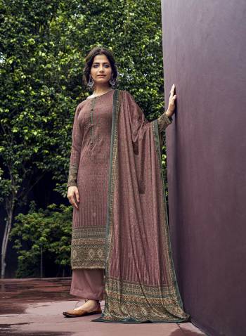 Attrective This Designer Long Length Winter Wear Suit In Lovely Dusty Color.Its Pretty Designer Digital Printed With Embroidery And Diamond Work Top Is Pashmina Based Paired With Pashmina Bottom And Velvet Fabricated Dupatta Which Gives An Attractive To The Suit.