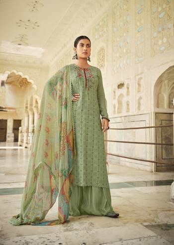 Looking This Designer Collection In Long Length Fine Color Plazzo Suits.Its Pretty Designer Schiffli Embroidery Work Top Is Muslin Based Paired With Santoon Bottom And Chiffon Digital Printed Fabricated Dupatta Which Gives An Attractive To The Suit.