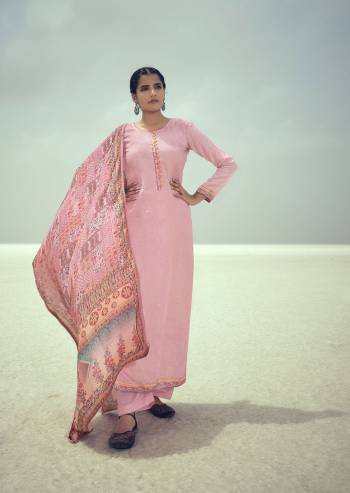 Stylist This Designer Long Length Suit In Lovely Light Color.Its Pretty Designer Embroidery Work Top Is Muslin Based Paired With Sentoon Bottom And Brazilian Silk Embroidery With Digital Printed Fabricated Dupatta Which Gives An Attractive To The Suit.