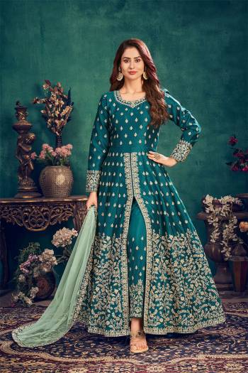 Stylist This Partywear Designer Long Length Suit In Lovely Color.Its Pretty Heavy Designer Multy Embroidery Work Top Is Art Silk Based Paired With Santoon Bottom And Net  Fabricated Dupatta Which Gives An Attractive To The Suit.