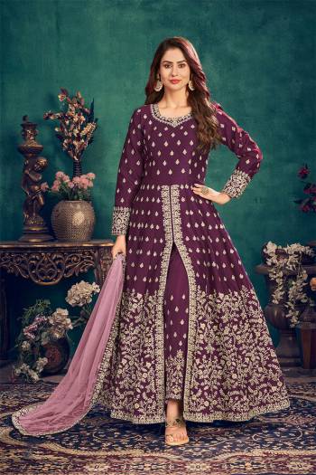 Stylist This Partywear Designer Long Length Suit In Lovely Color.Its Pretty Heavy Designer Multy Embroidery Work Top Is Art Silk Based Paired With Santoon Bottom And Net  Fabricated Dupatta Which Gives An Attractive To The Suit.