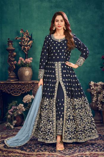 Stylist This Partywear Designer Long Length Suit In Lovely Color.Its Pretty Heavy Designer Multy Embroidery Work Top Is Art Silk Based Paired With Santoon Bottom And Net  Fabricated Dupatta Which Gives An Attractive To The Suit.