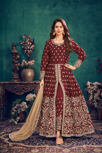 Stylist This Partywear Designer Long Length Suit In Lovely Color.Its Pretty Heavy Designer Multy Embroidery Work Top Is Art Silk Based Paired With Santoon Bottom And Net  Fabricated Dupatta Which Gives An Attractive To The Suit.