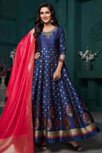 Flaunt Your Rich And Elegant Taste Wearing This Designer Readymade Long Gown With Dupatta In Blue Color. This  Pretty Gown Is Fabricated On Tussar Silk And Dupatta Are Tussar Silk Beautified With Heavy Weaving Designer Work. Its Fabric Is Soft Towards Skin And Easy To Carry All Day Long. 