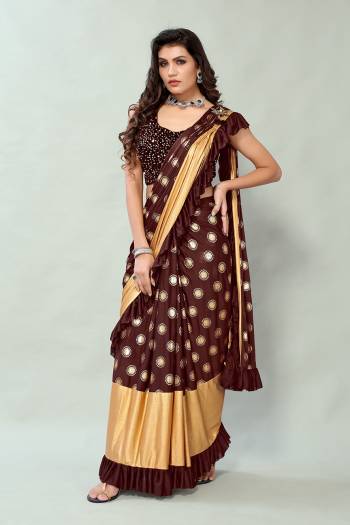 Brown and Golden Colored Foil Printed Fancy Saree with Sequins Blouse Buy This Pretty Saree Now