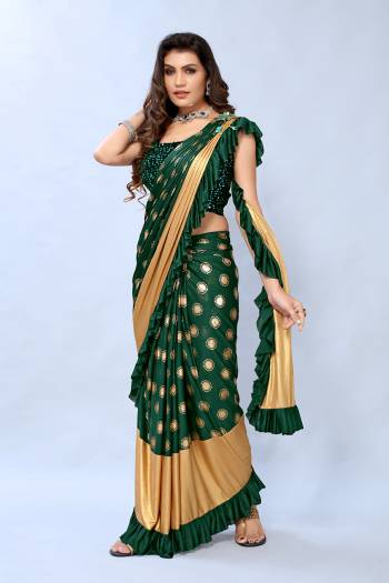 Green and Golden Colored Foil Printed Fancy Saree with Sequins Blouse Buy This Pretty Saree Now