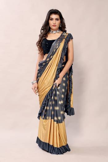 Grey and Golden Colored Foil Printed Fancy Saree with Sequins Blouse Buy This Pretty Saree Now