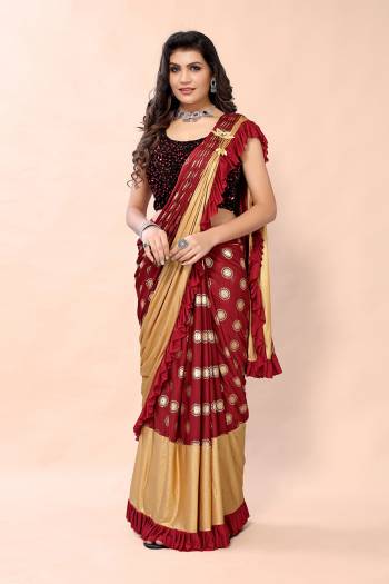 Maroon and Golden Colored Foil Printed Fancy Saree with Sequins Blouse Buy This Pretty Saree Now