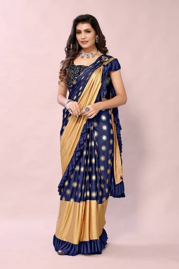 Navy Blue and Golden Colored Foil Printed Fancy Saree with Sequins Blouse Buy This Pretty Saree Now