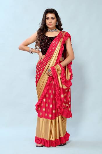 Red and Golden Colored Foil Printed Fancy Saree with Sequins Blouse Buy This Pretty Saree Now