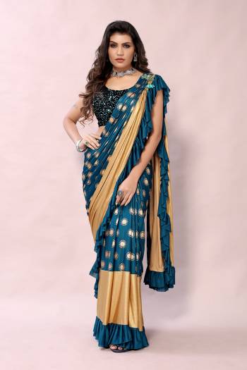 Royal Blue and Golden Colored Foil Printed Fancy Saree with Sequins Blouse Buy This Pretty Saree Now