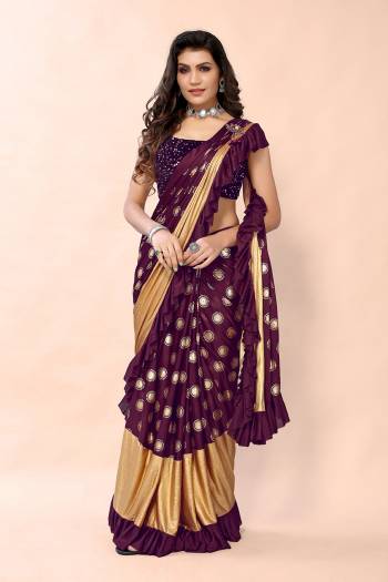 Wine and Golden Colored Foil Printed Fancy Saree with Sequins Blouse Buy This Pretty Saree Now