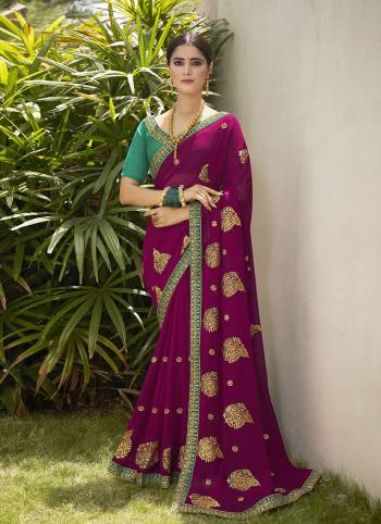 Celebrate This Wedding Season In This Very Pretty Colored Designer Embroidery Work Saree Paired With Contrasting Colored Blouse. This Saree Are Georgette and Blouse Are Silk Based Beautified With Detailed Embroidery. 