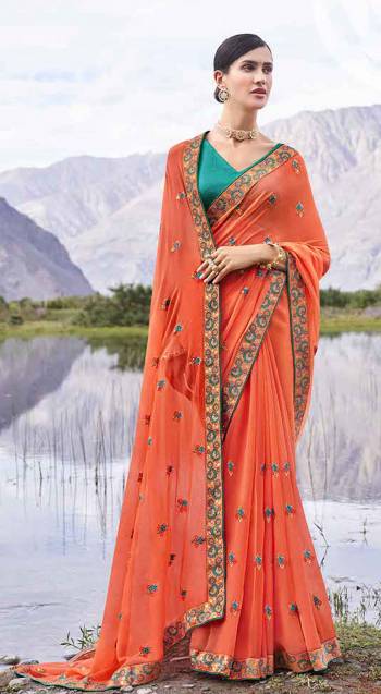 Look Attractive Wearing This Fine Colored Saree Paired With Contrasted Colored Blouse.  This Heavy Designer Butti Embroidey Work Saree Is Chiffon Based Which Gives A Rich Look To Your Personality. Buy This Pretty Saree Now.