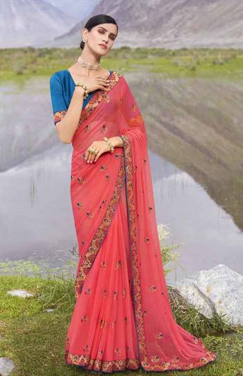 Look Attractive Wearing This Fine Colored Saree Paired With Contrasted Colored Blouse.  This Heavy Designer Butti Embroidey Work Saree Is Chiffon Based Which Gives A Rich Look To Your Personality. Buy This Pretty Saree Now.