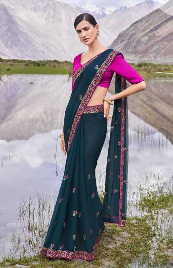 Look Attractive Wearing This Fine Colored Saree Paired With Contrasted Colored Blouse.  This Heavy Designer Butti Embroidey Work Saree Is Chiffon Based Which Gives A Rich Look To Your Personality. Buy This Pretty Saree Now.