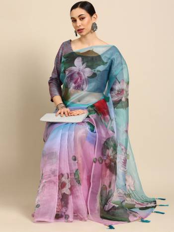 Garb This Partywear Stylist Designer Fine Colour Saree Paired With Blouse.This Saree Are Organza And Blouse Are Jute Silk Fabric With Designer Digital Printed. Buy This Pretty Saree Now.