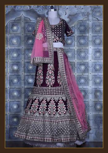 Look Attrective This Wedding Partywear Heavy Designer Lehenga Choli And Dupatta In Fine Color Fabricated On Velvet Beautified With Heavy Attractive Thread,Jari And Sequance Embroidery Work. 