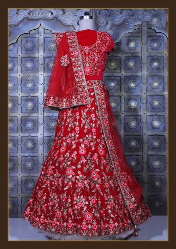 Look Attrective This Wedding Partywear Heavy Designer Lehenga Choli And Dupatta In Fine Color Fabricated On Velvet Beautified With Heavy Attractive Thread,Jari And Sequance Embroidery Work. 