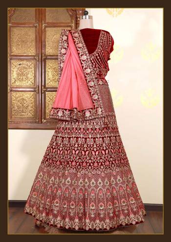 Look Attrective This Wedding Partywear Heavy Designer Lehenga Choli And Dupatta In Fine Color Fabricated On Velvet Beautified With Heavy Attractive Cord,Thread,Jari And Sequance Embroidery Work. 