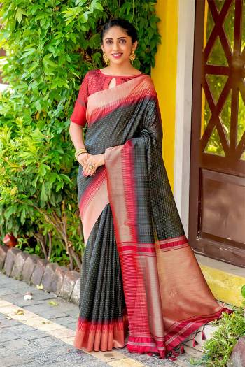 Classic Designer Partywear Saree Are Fine Color Paired With Blouse.This Saree And Blouse Are South Cotton Based Fabric With Heavy Wevon Jari And Temple Pallu Border Tassels Designer. Buy This Pretty Saree Now.