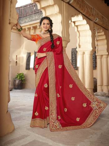 Attrective This Pretty Angelic Look Wearing This Partywear Heavy Designer Fancy Embroidery Work Saree With Blouse. This Saree Are Satin Georgette  And Blouse Is Art Silk Fabricated Paired. Its Pretty Attractive Look To Your Personality. 