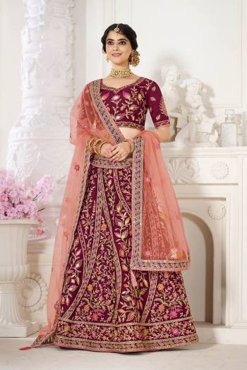 Garb This Bridal Heavy Designer Lehenga Choli In Fine lovely Color Fabricated On Choli Raw Silk Beautified Fabric Lahenga Are Silk With Heavy Designer Thread,Jari,Dori Embroidery And Khatli Work.Buy Now. 