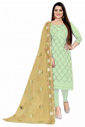 Attrective This Suits In Lovely Color.Its Pretty Top Is Chanderi Based Paired Bottom Santoon And Net Fabricated Dupatta Are Embroidery With Gota Patti Work. Which Gives An Attractive To The Dress.