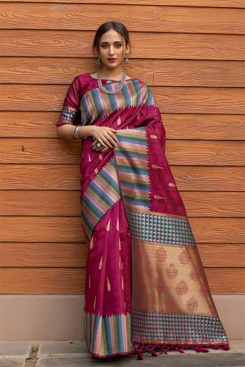 Garb This Designer Partywear Saree Are Fine Saree Paired With Blouse.This Saree And Blouse Are Tussar Silk Based Fabric With Wevon Designer Palu Border Work. Buy This Pretty Saree Now.