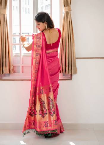 Classic Designer Partywear Saree Are Fine Color Paired With Blouse.This Saree And Blouse Are Banarasi Silk Based Fabric With Heavy Wevon Jari And Meenakari Pallu Border Tassels Designer. Buy This Pretty Saree Now.