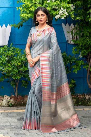 Classic Designer Partywear Saree Are Fine Saree Paired With Blouse.This Saree And Blouse Are Tussar Silk Based Fabric With Heavy Wevon ,ikkat Border,Pallu Tassels Designer. Buy This Pretty Saree Now.