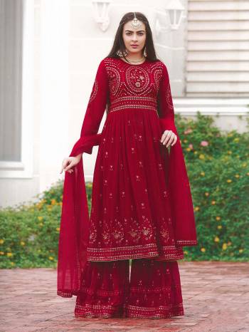 AttrectiveThis Designer Sharara Suit In Lovely Color.Its Pretty Heavy Designer Thread,Sequance Embroidery Work Top Is Faux Georgette Based Paired With Faux Georgette Bottom And Soft Net Fabricated Dupatta Which Gives An Attractive To The Suit.