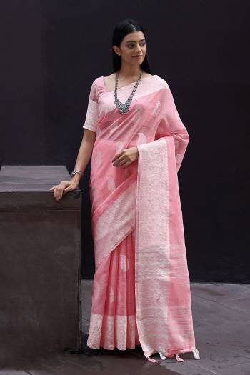 Attrective This Partywear Saree Paired With Blouse.This Saree And Blouse Are Linen Based Fabric With Thread Weaving Designer. Buy This Pretty Saree Now.