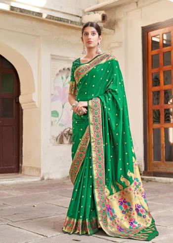 Looking This Partywear Paithani Stylist Saree Are Fine Saree Paired With Blouse.This Saree And Blouse Are Silk Fabric With Heavy Designer Weaving Work. Buy This Pretty Saree Now.