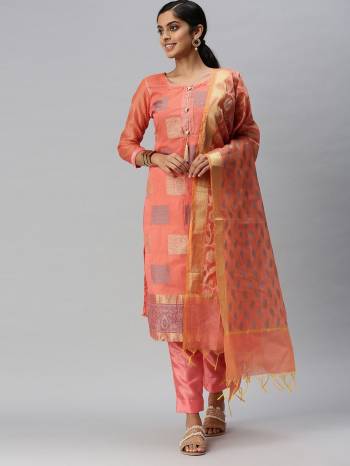 Looking This Designer Suits In Lovely Color.?Its Pretty Designer Weaving Work Top Is Banarasi Silk Based Paired Bottom Santoon With Banarasi Silk Fabricated Dupatta Which Gives An Attractive To The Dress.