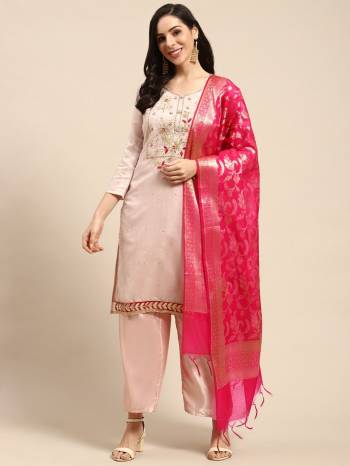 Looking This Designer Suits In Lovely Color.?Its Pretty Designer Gota Embroidery Work Top Is Modal Chanderi Based Paired Bottom Santoon With Banarasi Silk Weaving Jacquard Fabricated Dupatta Which Gives An Attractive To The Dress.