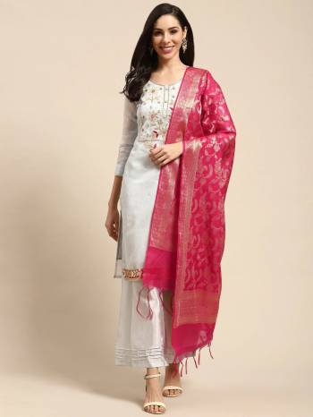 Looking This Designer Suits In Lovely Color.?Its Pretty Designer Gota Embroidery Work Top Is Modal Chanderi Based Paired Bottom Santoon With Banarasi Silk Weaving Jacquard Fabricated Dupatta Which Gives An Attractive To The Dress.