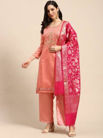 Attrective This Designer Suits In Lovely Color.?Its Pretty Designer Gota Patti Work Top Is Modal Chanderi Based Paired Bottom Santoon With Banarasi Silk Weaving Work Fabricated Dupatta Which Gives An Attractive To The Dress.