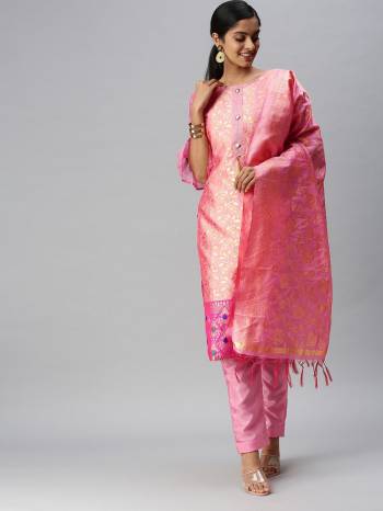 Looking This Designer Suits In Lovely Color.?Its Pretty Designer Weaving Jacquard Work Top Is Banarasi Jacquard Based Paired Bottom Santoon With Banarasi Jacquard Weaving Work Fabricated Dupatta Which Gives An Attractive To The Dress.