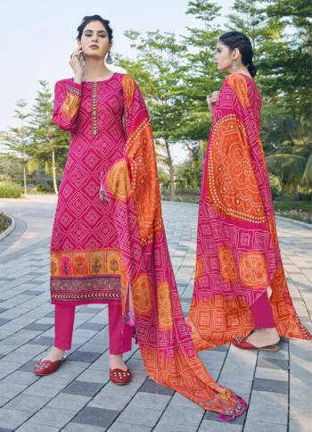 Garb This Designer Long Length Suit In Lovely Color.Its Pretty Designer Digital Bandhej Printed With Khatli Work Top Is Jam Satin Based Paired With Cotton Bottom And Chinon Fabricated Dupatta Which Gives An Attractive To The Suit.