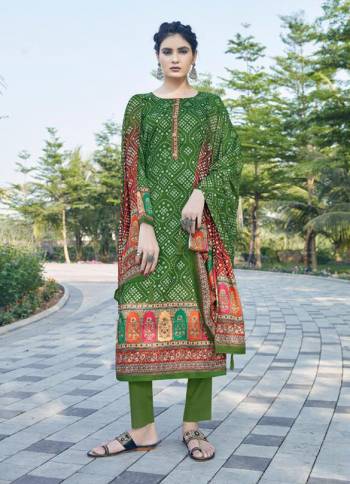 Garb This Designer Long Length Suit In Lovely Color.Its Pretty Designer Digital Bandhej Printed With Khatli Work Top Is Jam Satin Based Paired With Cotton Bottom And Chinon Fabricated Dupatta Which Gives An Attractive To The Suit.