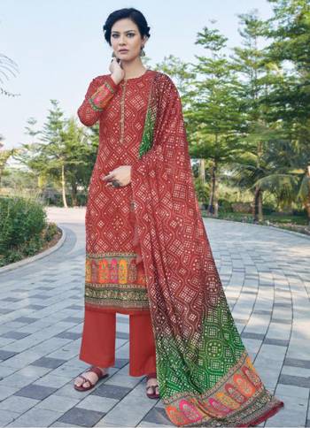 Garb This Designer Long Length Suit In Lovely Color.Its Pretty Designer Digital Bandhej Printed With Khatli Work Top Is Jam Satin Based Paired With Cotton Bottom And Chinon Fabricated Dupatta Which Gives An Attractive To The Suit.