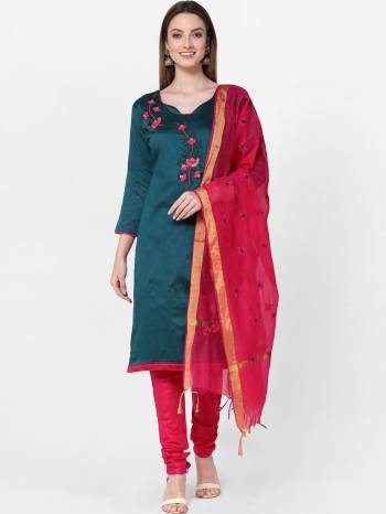 Attrective This Suits In Lovely Color.Its Pretty Top Is Slub Cotton Based Paired Bottom Cotton And Chanderi Fabricated Dupatta Are Embroidery Designer Work. Which Gives An Attractive To The Dress.