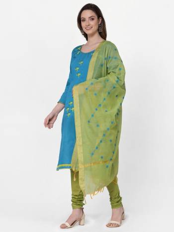 Attrective This Suits In Lovely Color.Its Pretty Top Is Slub Cotton Based Paired Bottom Cotton And Chanderi Fabricated Dupatta Are Embroidery Designer Work. Which Gives An Attractive To The Dress.