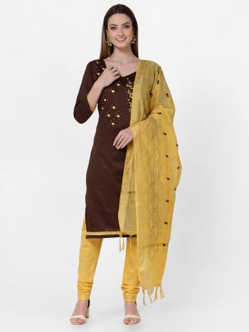 Attrective This Suits In Lovely Color.Its Pretty Top Is Slub Cotton Based Paired Bottom Cotton And Chanderi Fabricated Dupatta Are Embroidery Designer Work. Which Gives An Attractive To The Dress.