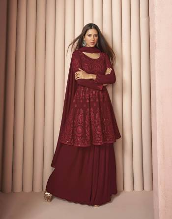 Stylist This Partywear Designer Long Length Plazzo Suit In Lovely Dark  Color.Its Pretty Heavy Designer Thread,Sequance Embroidery Work Top Is Georgette Based Paired With Georgette Bottom And Georgette Fabricated Dupatta Which Gives An Attractive To The Suit.